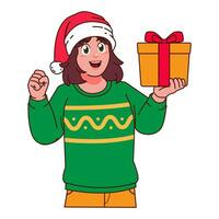 Woman in Christmas sweater and Santa hat holding a gift box vector