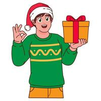 Man in Christmas sweater and Santa hat holding a gift box vector