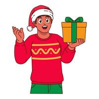 Black Man in Christmas sweater and Santa hat holding a gift box vector