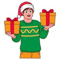 Man in Christmas sweater and Santa hat holding a gift box vector