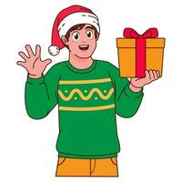 Man in Christmas sweater and Santa hat holding a gift box vector