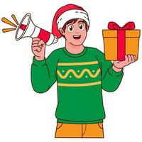 Man in Christmas sweater and Santa hat holding a gift box vector