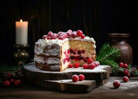 AI generated a christmas cake cut along the middle with cranberries on top photo