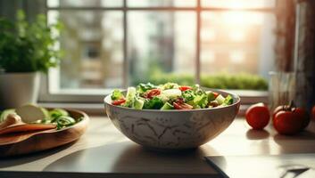 ai generado un cuenco de ensalada se sienta en frente de el ventana foto