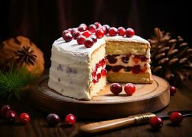 AI generated a christmas cake cut along the middle with cranberries on top photo