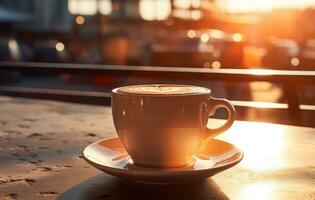 AI generated cup of cafe, sunrays shine upon it photo