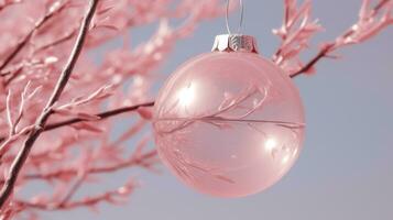 ai generado un Navidad ornamento con un rosado resplandor en un árbol rama foto