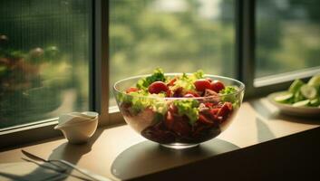 AI generated a bowl of salad sits in front of the window photo