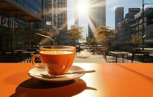 AI generated cup of cafe, sunrays shine upon it photo