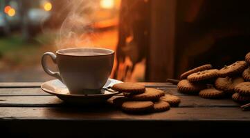 AI generated a cup of hot coffee, cookies, and firewood photo