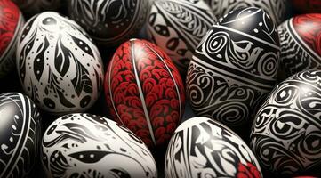 AI generated a cluster of decorative carved white, black and red eggs photo