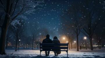 AI generated a couple sits on a bench in a winter night in a snowy park photo