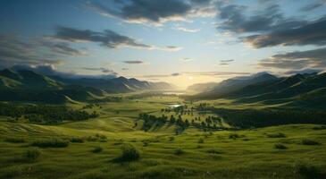 AI generated a green field at sunset, topographical realism, uhd image, mountainous vistas photo