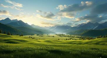 AI generated a green field at sunset, topographical realism, uhd image, mountainous vistas photo