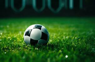 ai generado un fútbol americano pelota sentado en el césped en un fútbol estadio foto