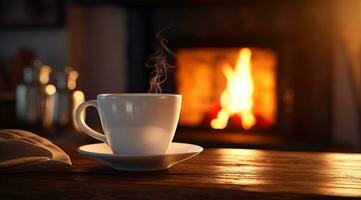 AI generated a cup of coffee is placed in front of a fireplace photo