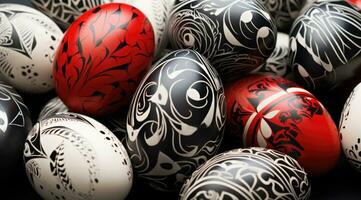 AI generated a cluster of decorative carved white, black and red eggs photo