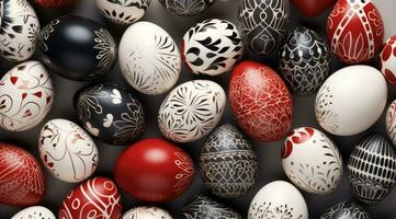 AI generated a cluster of decorative carved white, black and red eggs photo