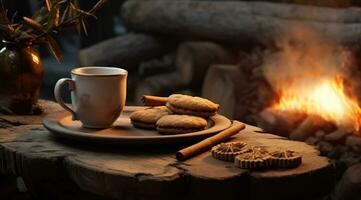 ai generado un taza de caliente café, galletas, y leña foto