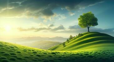 ai generado un verde colina con colinas y un árbol foto