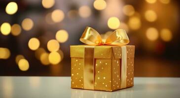 AI generated a present box on a table with bokeh backgrounds photo