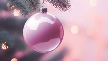 AI generated a pink christmas ball hangs from a pine tree branch with a christmas light background photo