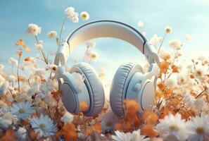 AI generated a pair of headphones with flowers coming out of them photo