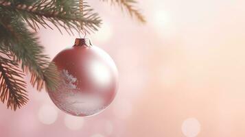 ai generado un rosado Navidad pelota cuelga desde un pino árbol rama con un Navidad ligero antecedentes foto