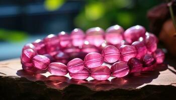 AI generated a long pink necklace sitting on some stones photo