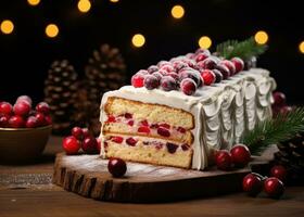 AI generated a christmas cake cut along the middle with cranberries on top photo