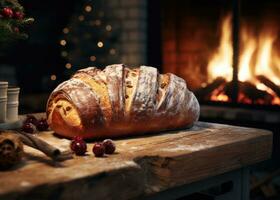 AI generated a christmas shaped bread on a board in front of a fireplace photo