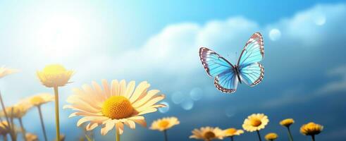 AI generated a butterfly is sitting on a flower in front of a blue sky photo