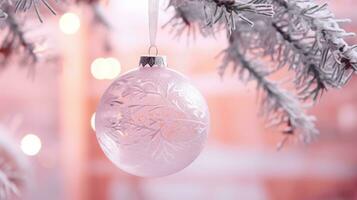 ai generado un Navidad ornamento con un rosado resplandor en un árbol rama foto