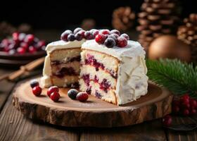 AI generated a christmas cake cut along the middle with cranberries on top photo