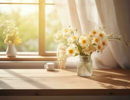 ai generado un de madera mesa cerca un abierto ventana con flores en eso foto