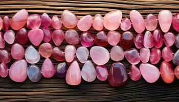 AI generated a close up of a bunch of pink colored stones laid out on wood photo