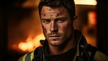 AI generated handsome firefighter, his piercing blue eyes and chiseled jawline highlighted photo