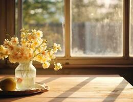 ai generado un de madera mesa cerca un abierto ventana con flores en eso foto