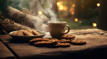 ai generado un taza de caliente café, galletas, y leña foto