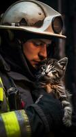 AI generated A striking image of a firefighter rescuing a frightened kitten from a burning building photo