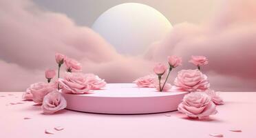 AI generated a pink platform on an empty space between pink roses photo