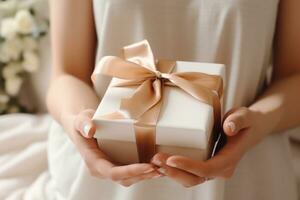 AI generated female hands hold a beige gift box photo