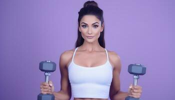 AI generated female fitness woman with dumbbell on purple background with blue background, photo