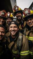 ai generado un grupo de bomberos tomando un descanso desde su deberes foto