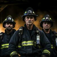 ai generado un grupo de bomberos tomando un descanso desde su deberes foto