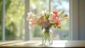 AI generated a vase filled with flowers on a wooden table in front of a window photo