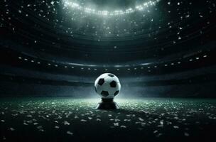 AI generated a soccer ball on an empty field, with lights overhead photo