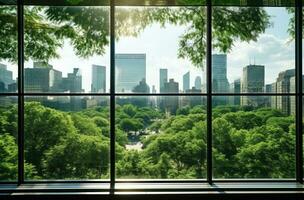 ai generado un ver de verde plantas y arboles en el horizonte desde el ventanas de rascacielos foto