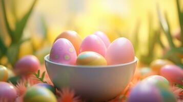 ai generado un Pascua de Resurrección huevo es metido en un cuenco con césped en eso foto