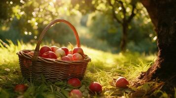 ai generado un mimbre cesta con rojo manzanas son puesto fuera en el césped foto